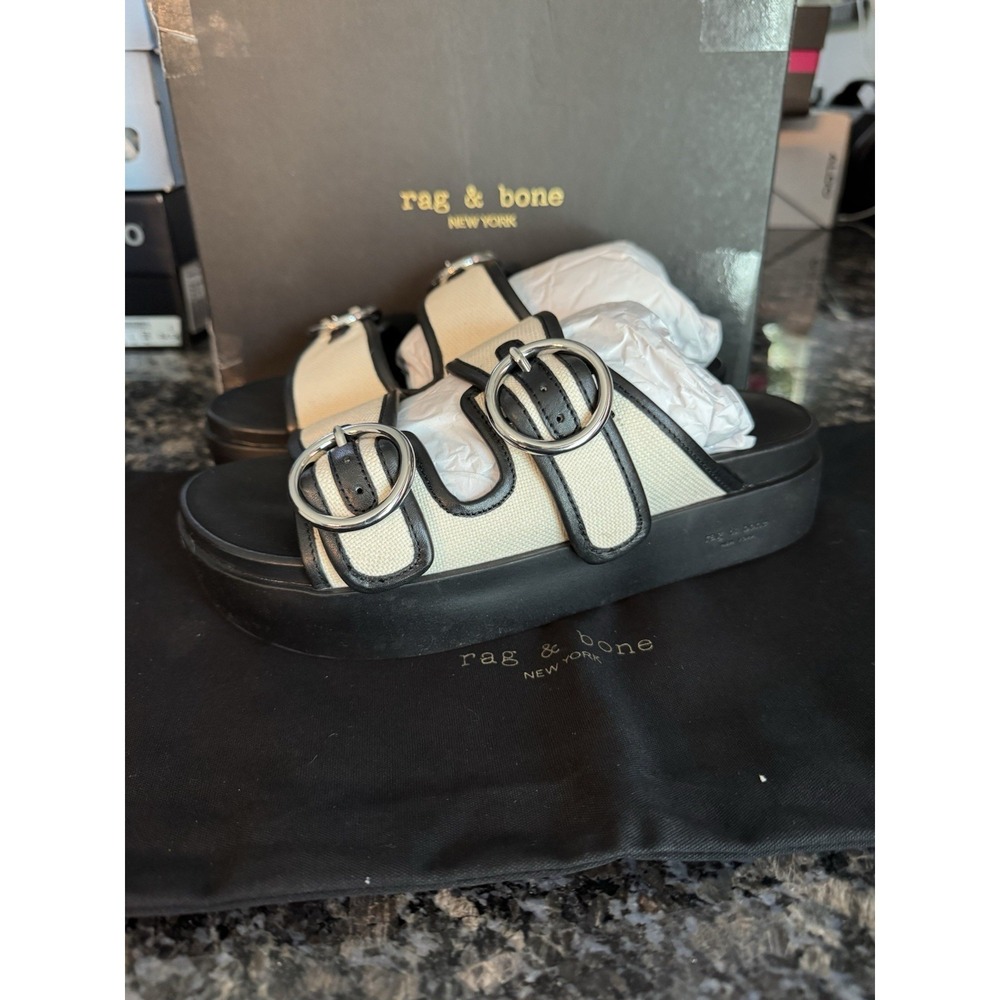 RAG & BONE Geo Buckle Platform Slides antique White, Black Size 7.5 Women's $350